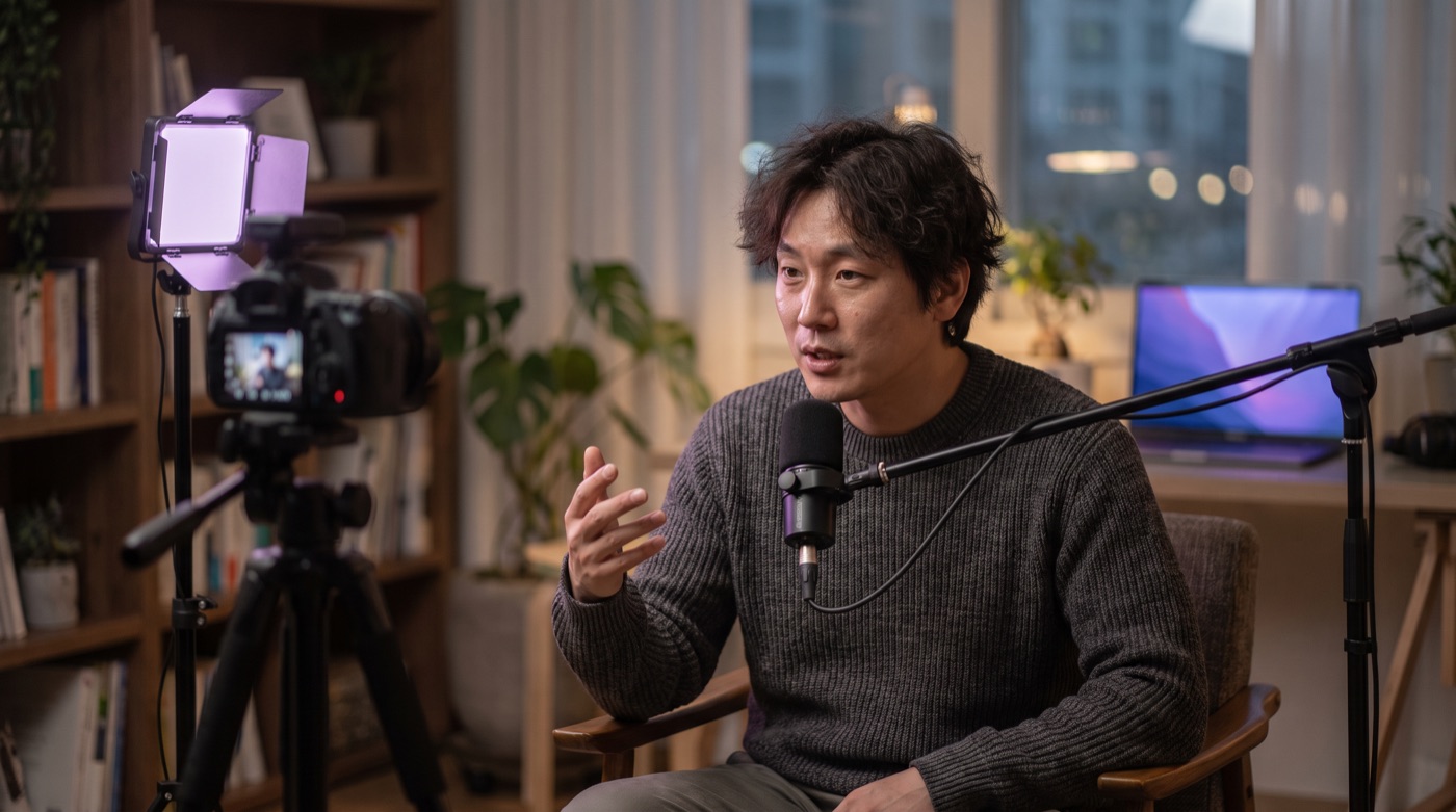 홈 스튜디오에서 카메라 앞에 앉아 긴 이야기를 찍는 크리에이터
