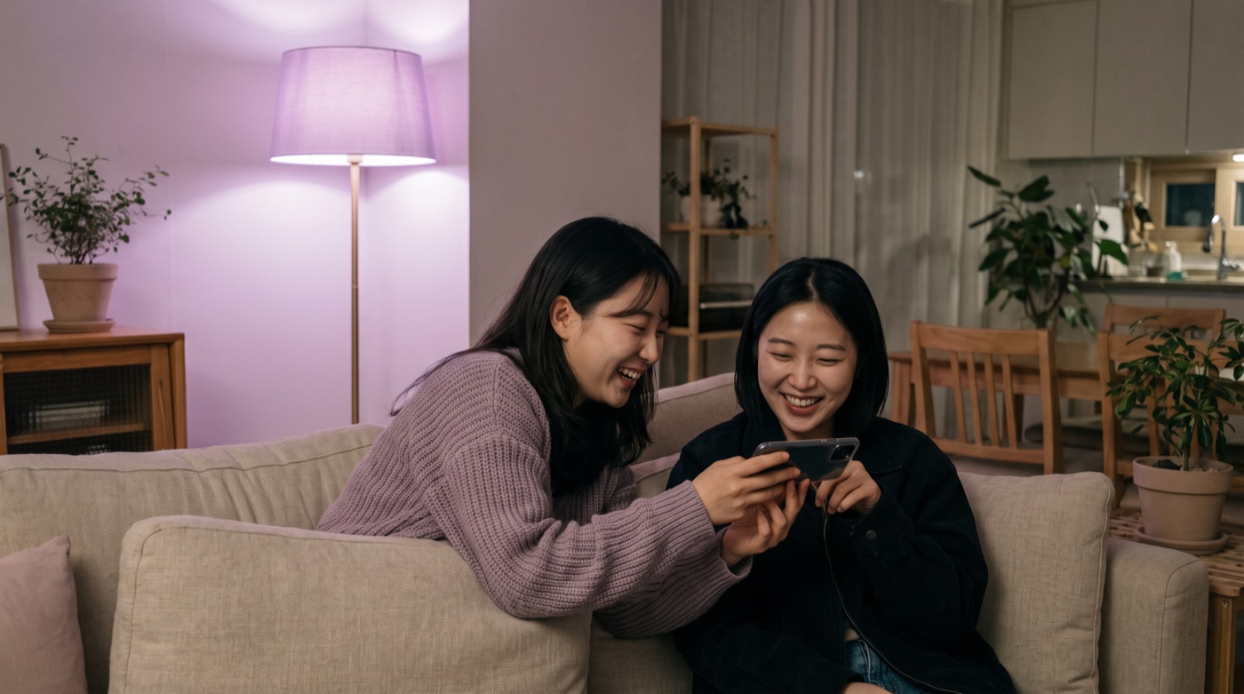 소파에서 휴대폰 영상을 보여 주며 웃는 두 친구